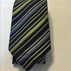 Zara Man Neck Tie Black Blue Diagonal Green White 100% Silk Italy Made Stripe